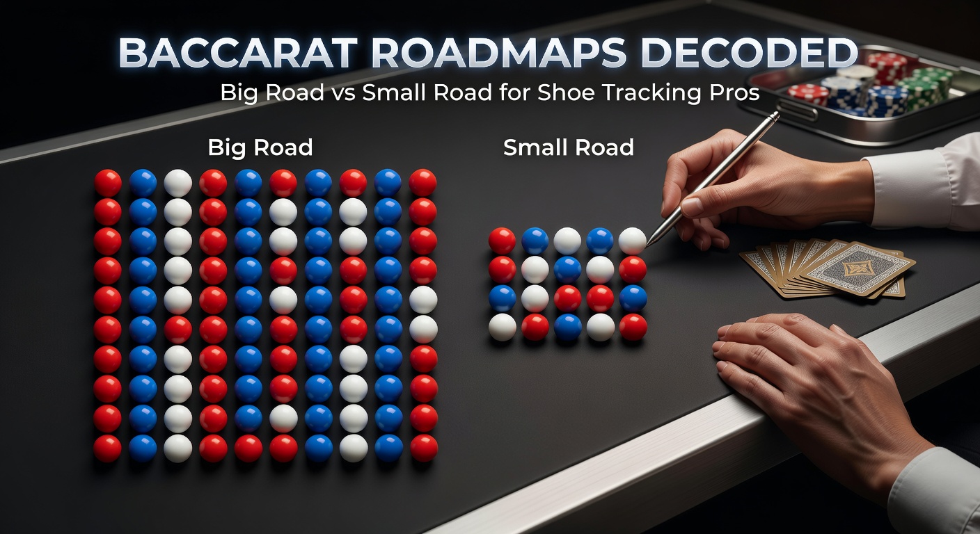 A detailed baccarat Big Road roadmap displayed on a casino table, showing columns of red and blue circles tracking Banker and Player wins in a shoe