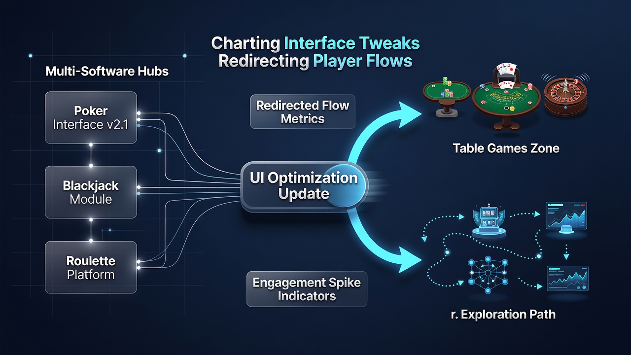 User flow diagram illustrating transitions between reel titles and table games after interface modifications in a casino hub