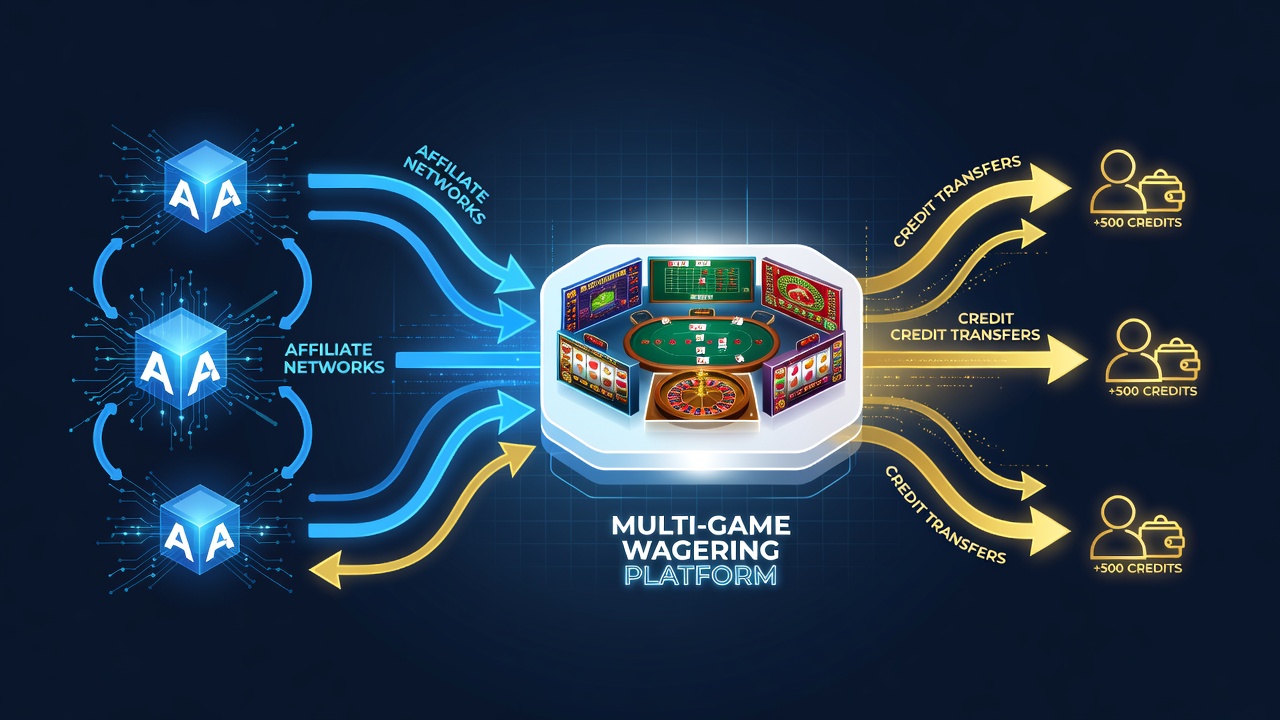 Illustration of affiliate networks linking various multi-game wagering platforms through credit transfer pathways