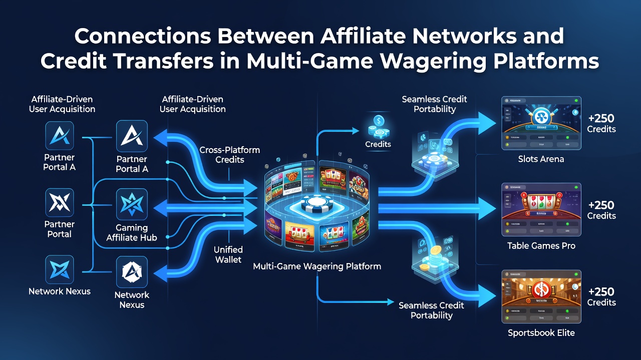 Diagram showing credit transfer flows between different game types within affiliate-connected wagering platforms
