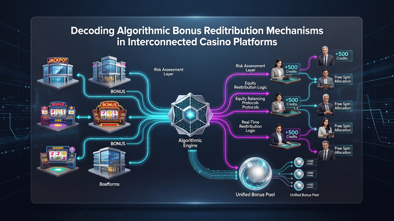 Flowchart illustrating data collection points feeding into a central redistribution algorithm across casino networks