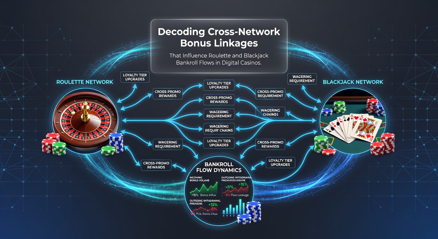 Digital casino interface showing roulette wheel and blackjack table with overlaid bonus icons and network connection lines
