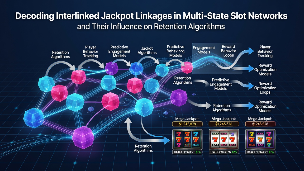 Network diagram showing linked progressive jackpots spanning multiple state slot systems with data flow arrows