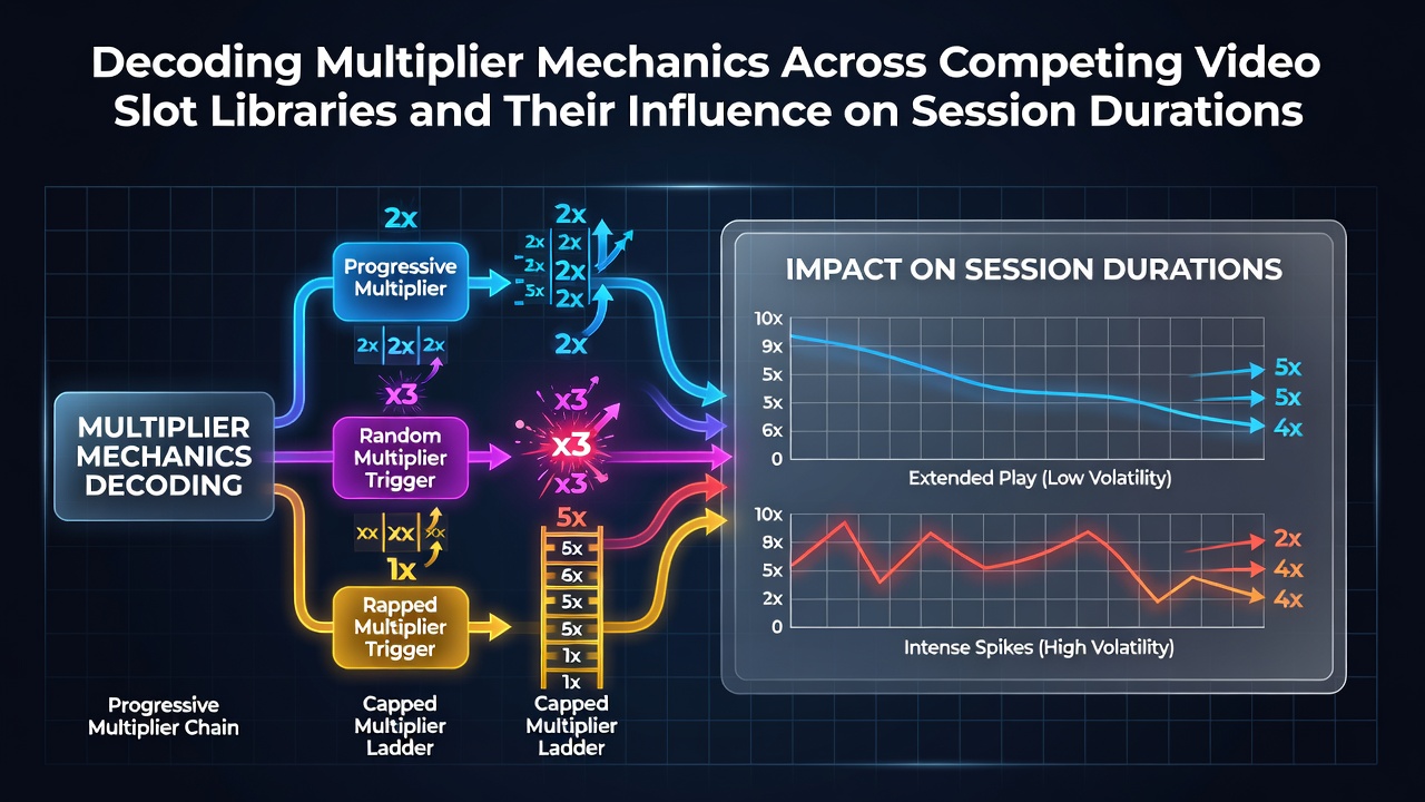 Illustration of multiplier symbols activating across different video slot interfaces from multiple software providers