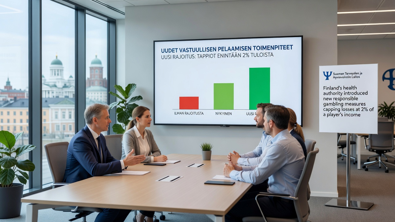 Finnish gambling authority officials reviewing player protection data on digital screens