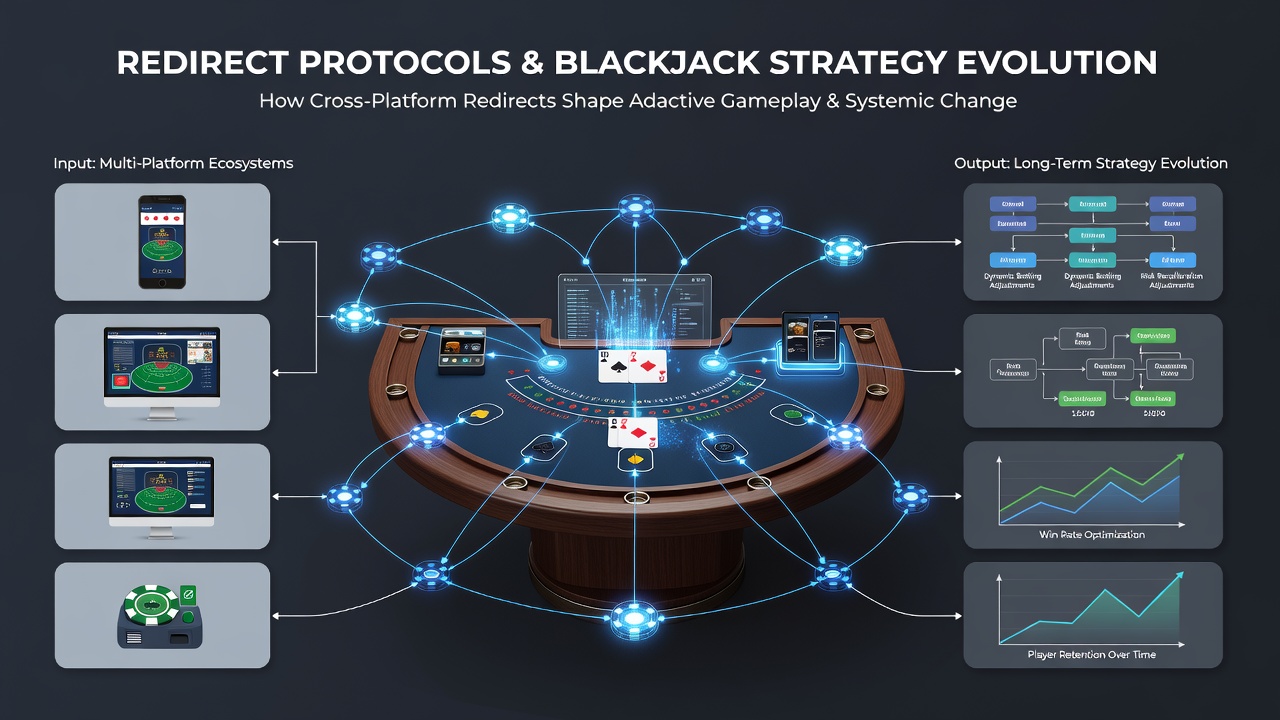 Diagram depicting strategy adjustments for roulette and blackjack players navigating redirect protocols between multiple casino networks