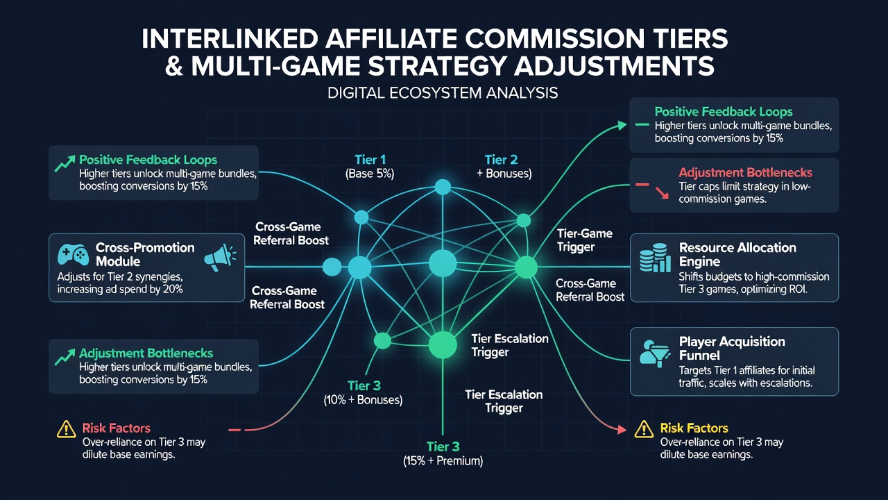 Infographic illustrating strategy adjustments across slot, table game, and sports betting verticals due to linked affiliate tiers