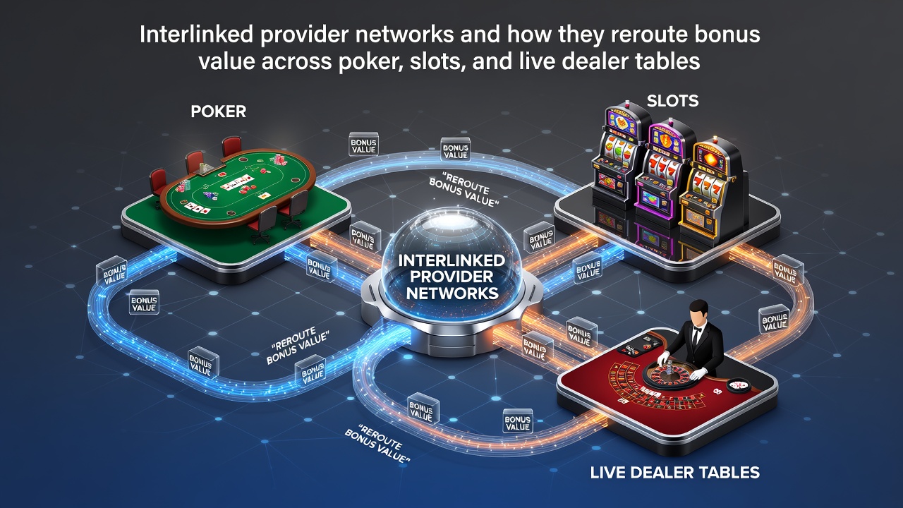 Diagram showing interlinked casino provider networks connecting poker, slots, and live dealer tables with bonus value flows