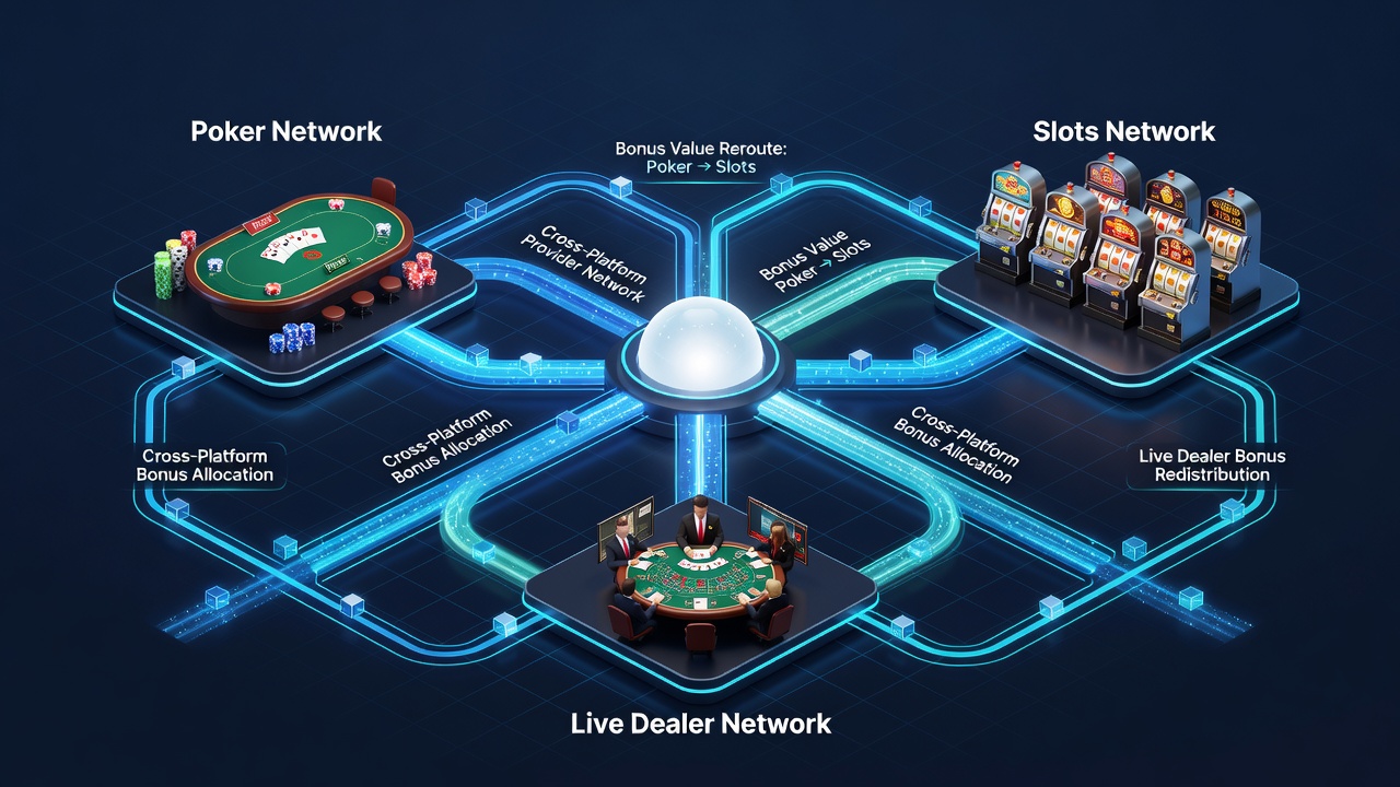 Flowchart illustrating bonus value rerouting steps between slots, poker rooms, and live dealer tables in a connected network