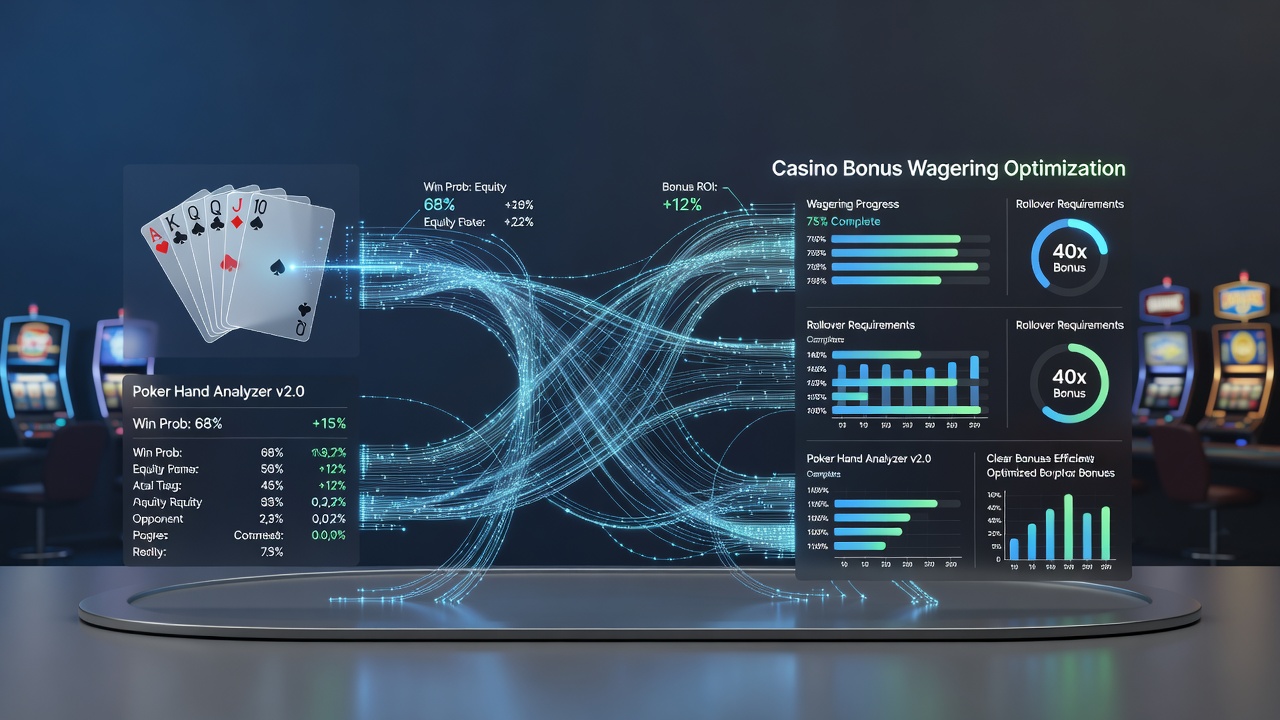 Split-screen view of poker solver output alongside a casino bonus tracking dashboard showing wagering progress