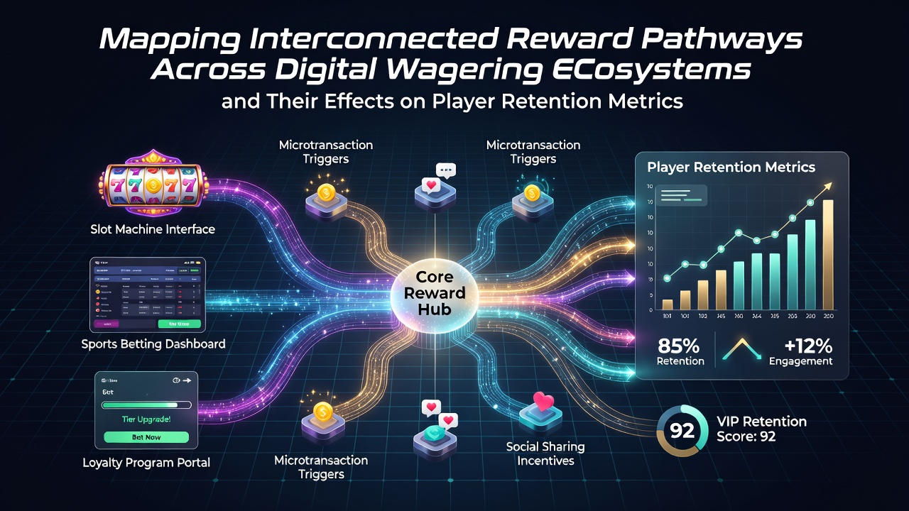 Diagram illustrating interconnected reward pathways across digital wagering platforms including slots, sports betting, and poker networks