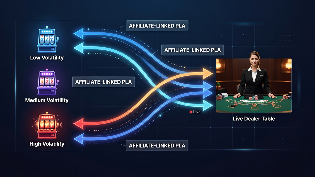 Infographic illustrating migration pathways from various slot volatility categories to live dealer blackjack and roulette in affiliate connected systems