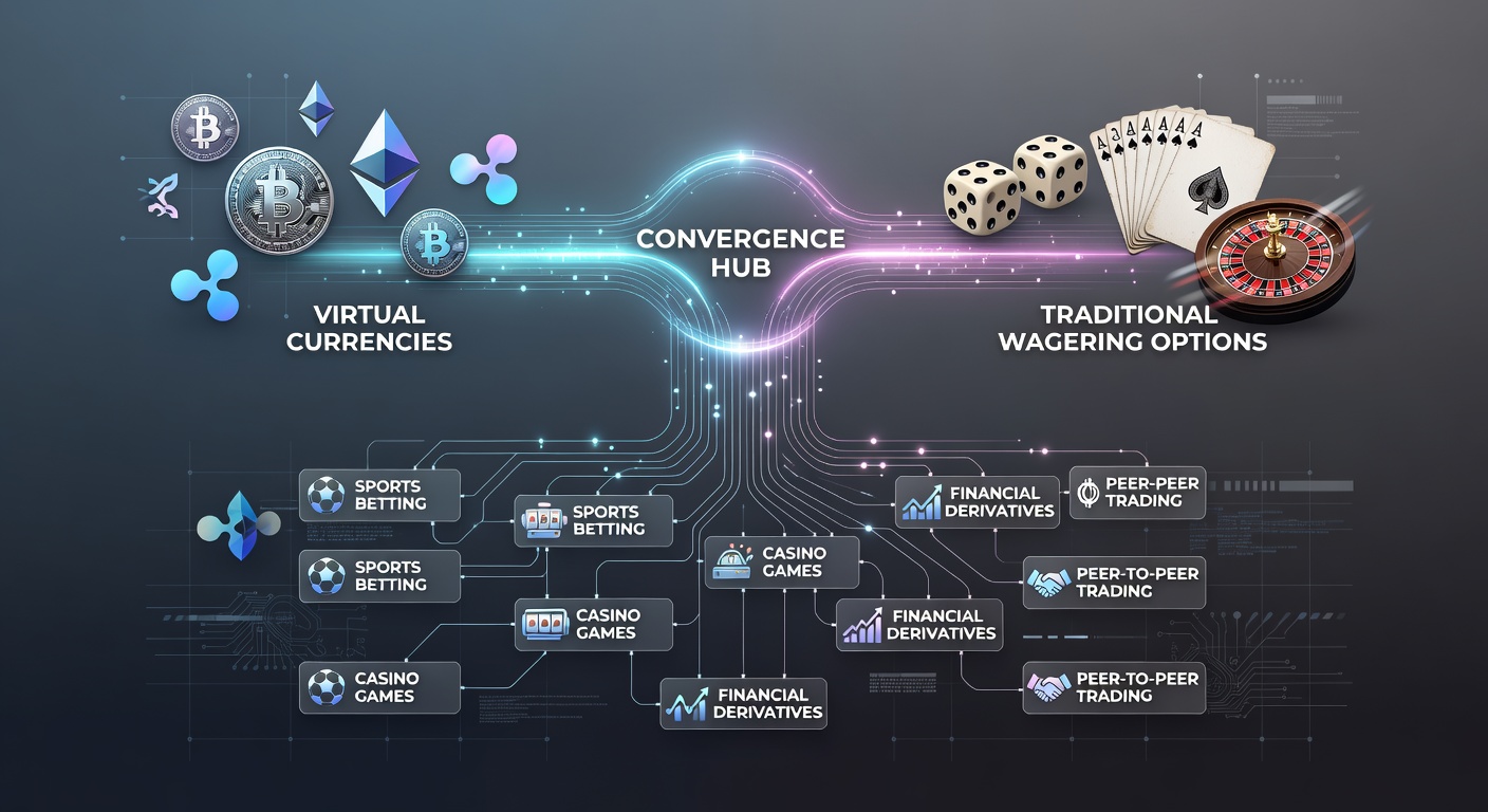 Illustration showing cryptocurrency icons flowing into traditional betting chips and sports wagering interfaces