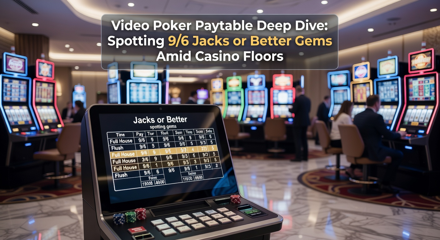 A bustling casino floor lined with glowing video poker machines, where players hunt for optimal paytables amid the neon lights and slot chimes