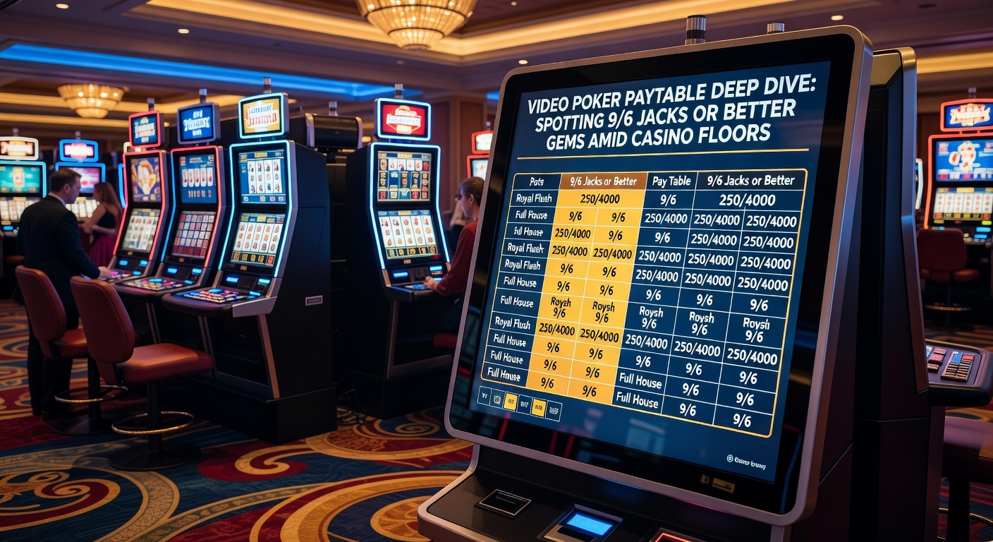 Close-up of a video poker machine screen displaying a 9/6 Jacks or Better paytable, highlighting full house and flush payouts amid colorful hand icons